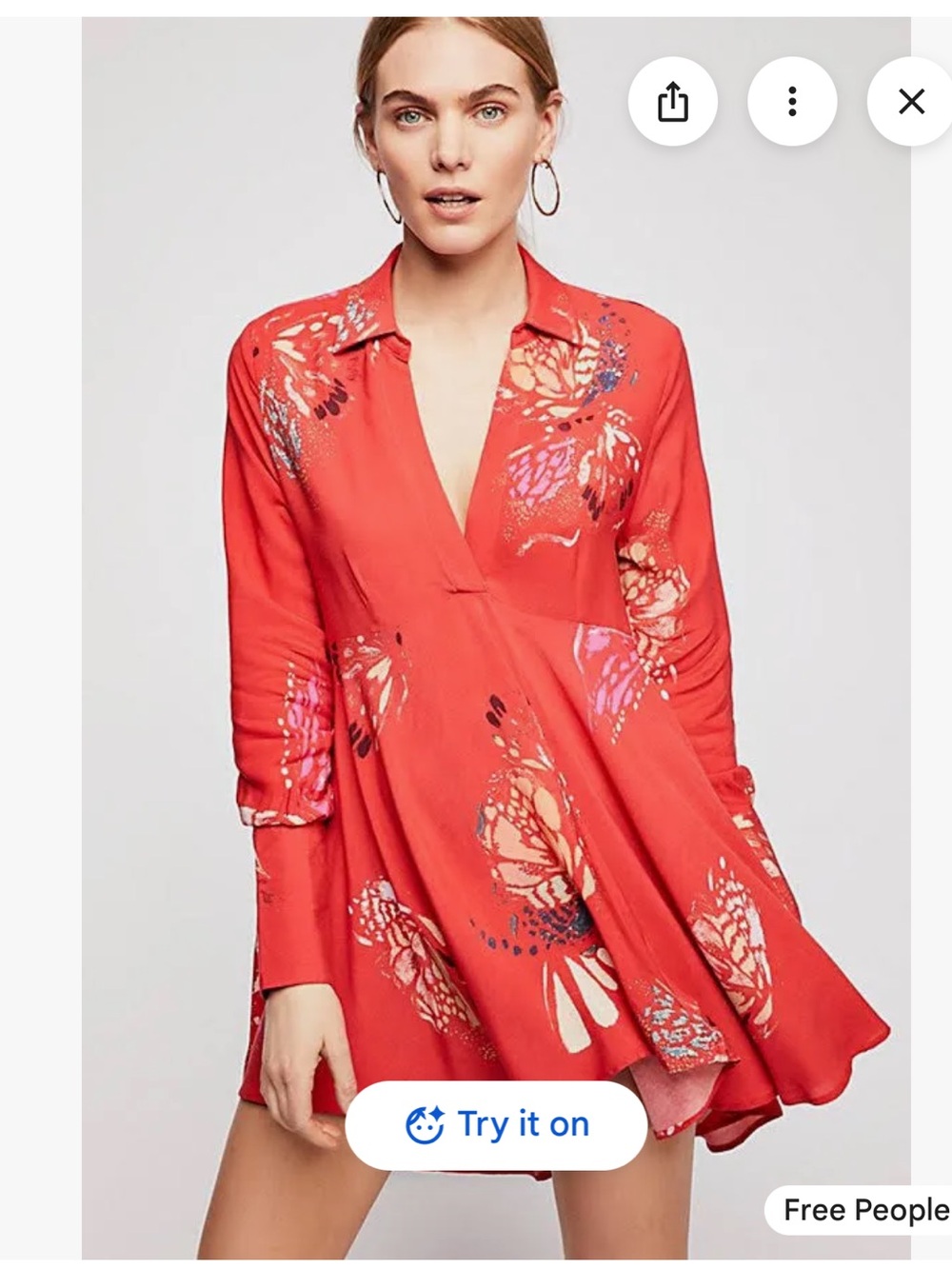Free People Field of Butterlies Red Long-Sleeve Floral Tunic